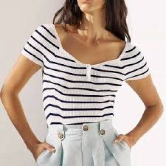 Anthropologie Tops - Maeve by Anthropologie Black and White Striped Short Sleeve Sweetheart Top, M